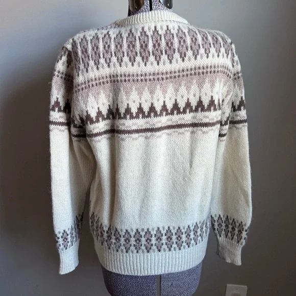 Jantzen pure new wool V-Neck Sweater Cream and Brown fair isle nordic winter - Picture 7 of 8